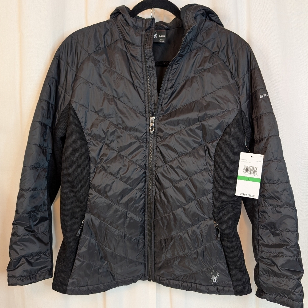 Spyder Therma Web Quilted Black Hooded Jacket Women Large - Picture 2 of 12